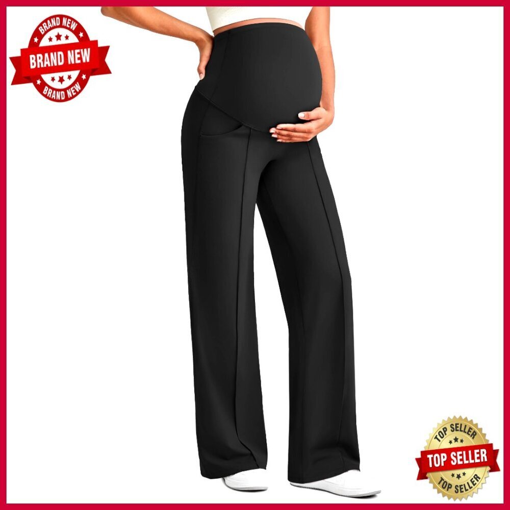 Maternity Yoga Pants with Pockets Over Belly Stretchy Wide Leg Lounge Trousers